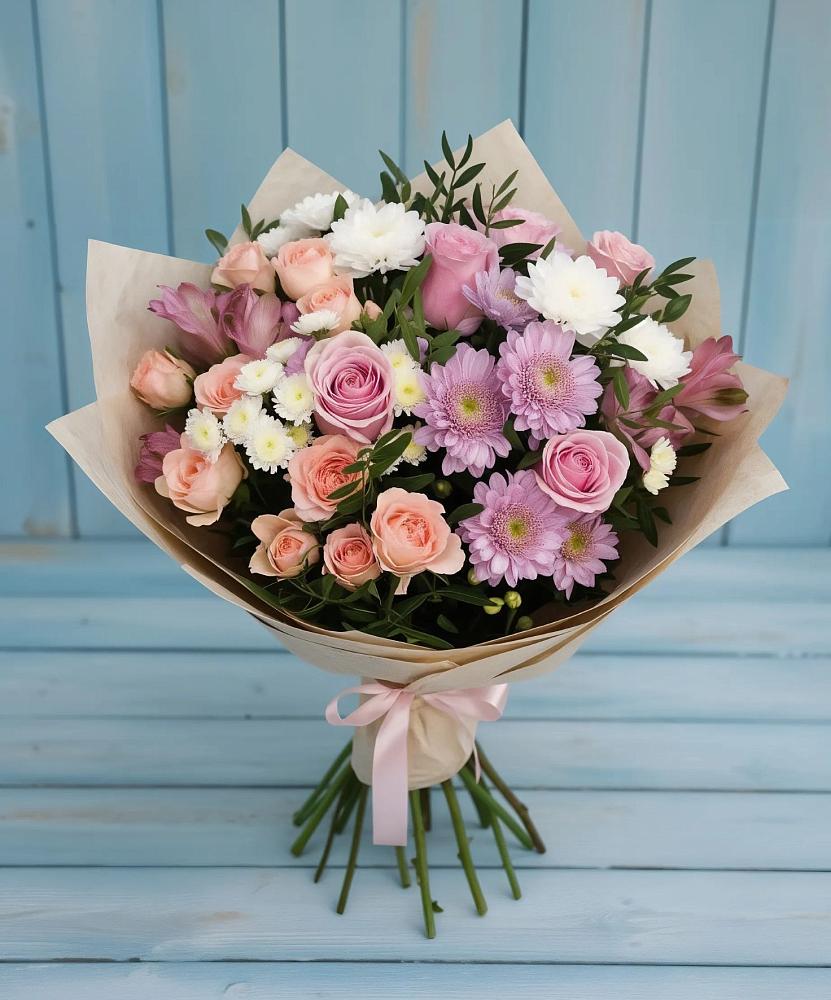 Букет цветов из: Хризантемы, Розы и Альстромерии в Пестриково