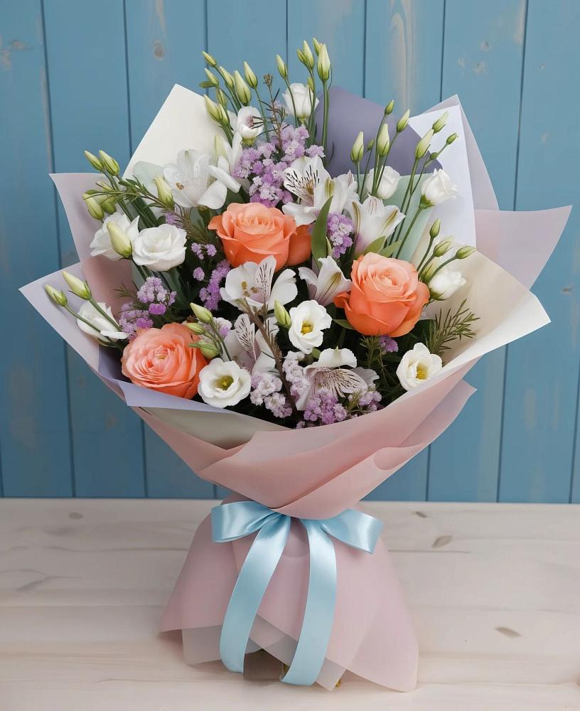 Букет цветов из: Лизиантусы, Розы, Альстромерии и Гипсофила в Пестриково