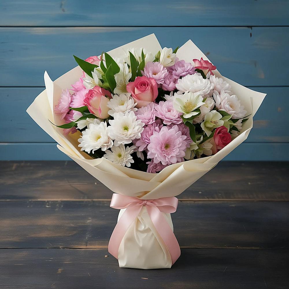 Букет цветов из: Хризантемы, Альстромерии и Розы в Пестриково